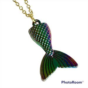 AB Aqua Blue Rainbow Mermaid Tail Necklace Gold Plated 18" Nautical Sea Life